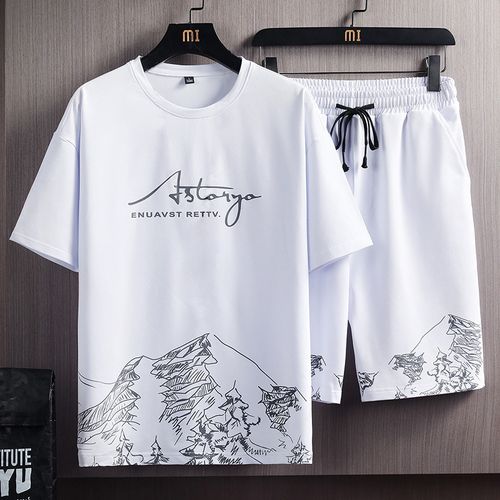 T-Shirts +Shorts 100% Cotton Men's Short Sleeve Set-White